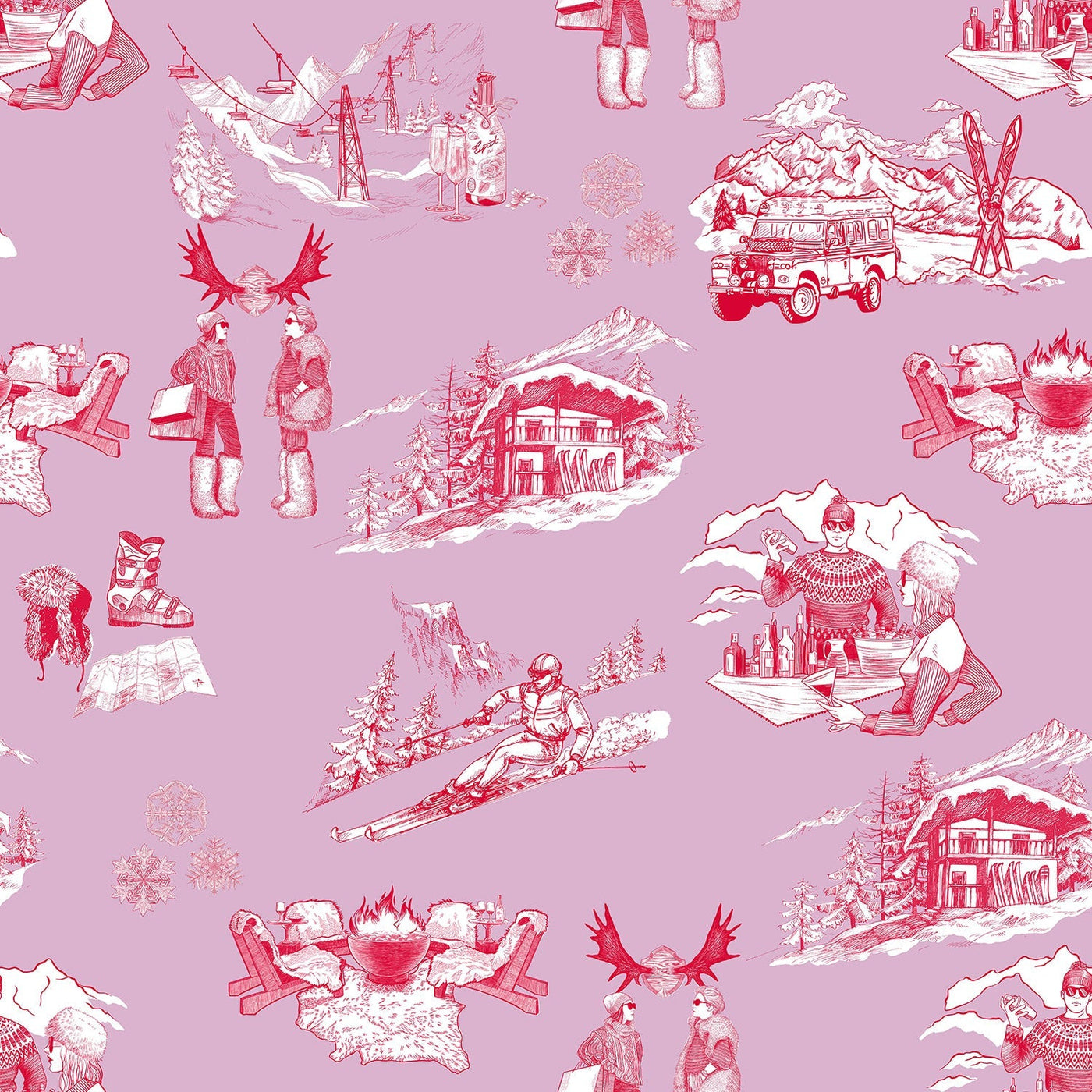 Après Ski Toile Traditional Wallpaper Wallpaper Lilac Cranberry / Double Roll Katie Kime