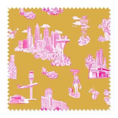 Atlanta Toile Fabric Fabric Sample / Cotton / Gold Pink Katie Kime