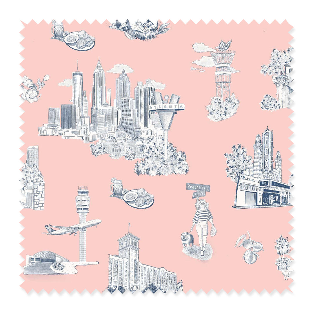 Atlanta Toile Fabric Fabric Sample / Cotton / Pink Navy Katie Kime