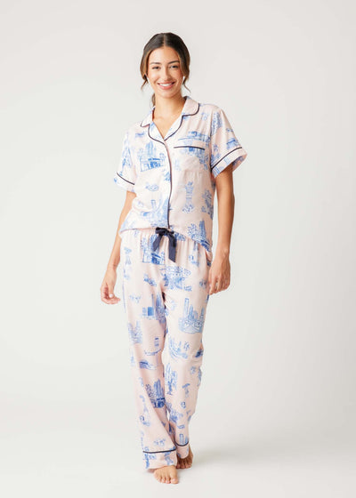 Atlanta Toile Pajama Pants Set Pajama Set Peach Navy / XS Katie Kime