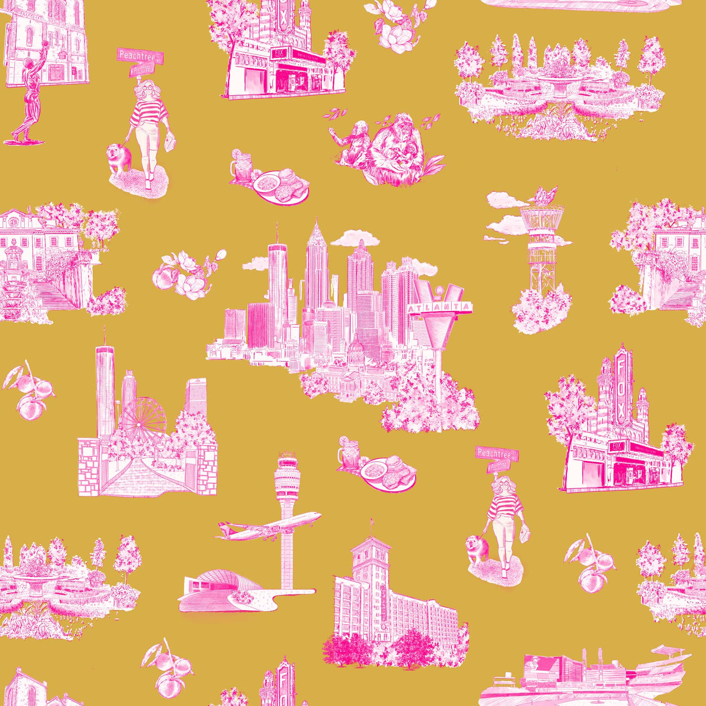 Atlanta Toile Traditional Wallpaper Wallpaper Gold Pink / Double Roll Katie Kime