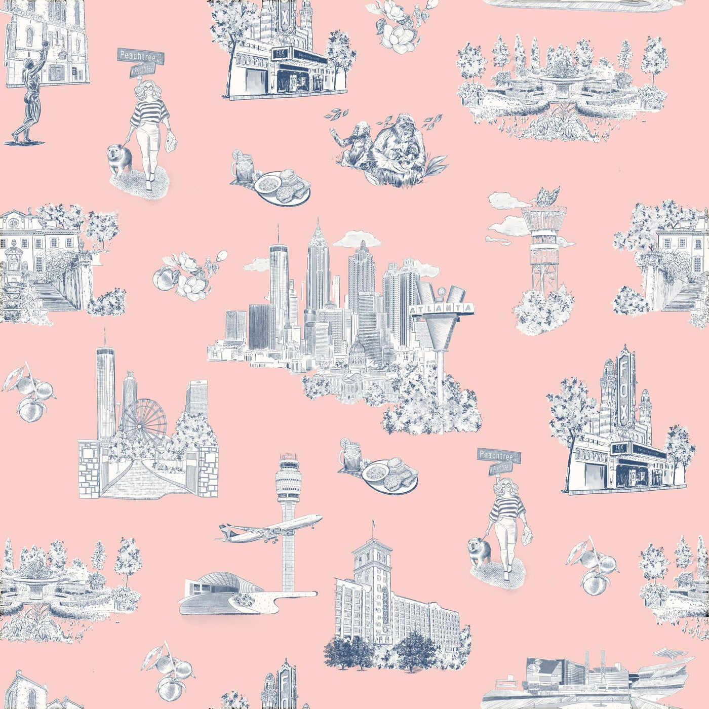 Atlanta Toile Traditional Wallpaper Wallpaper Pink Navy / Sample Katie Kime