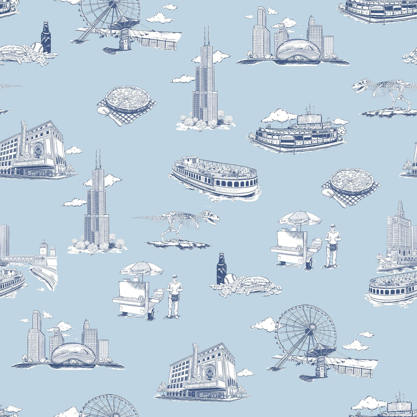 Chicago Toile Traditional Wallpaper Wallpaper Blue Navy / Double Roll Katie Kime