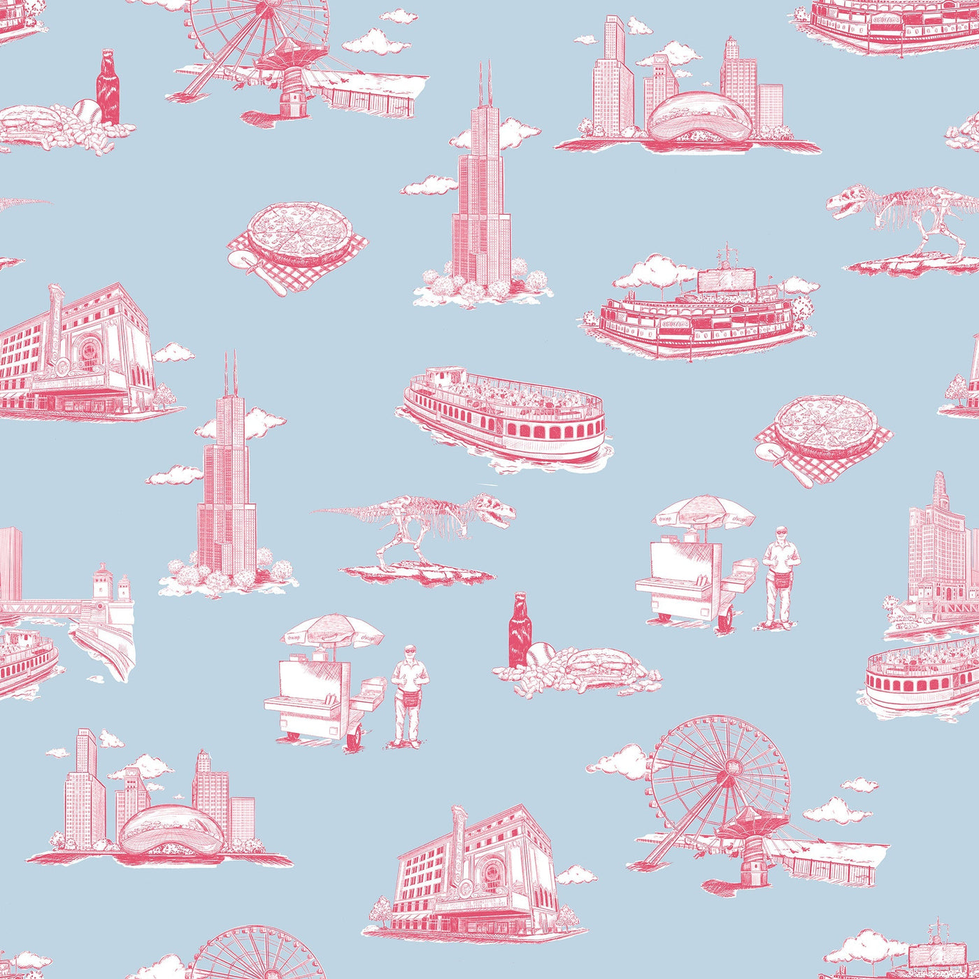 Chicago Toile Traditional Wallpaper Wallpaper Blue Pink / Double Roll Katie Kime