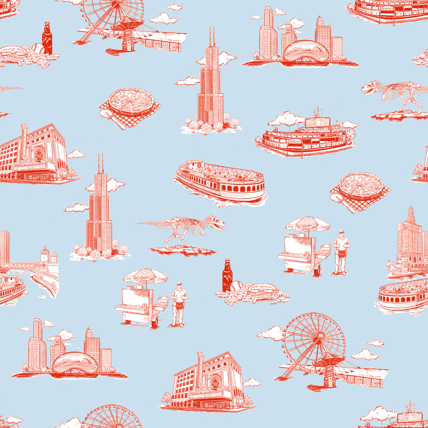 Chicago Toile Traditional Wallpaper Wallpaper Light Blue Red / Double Roll Katie Kime