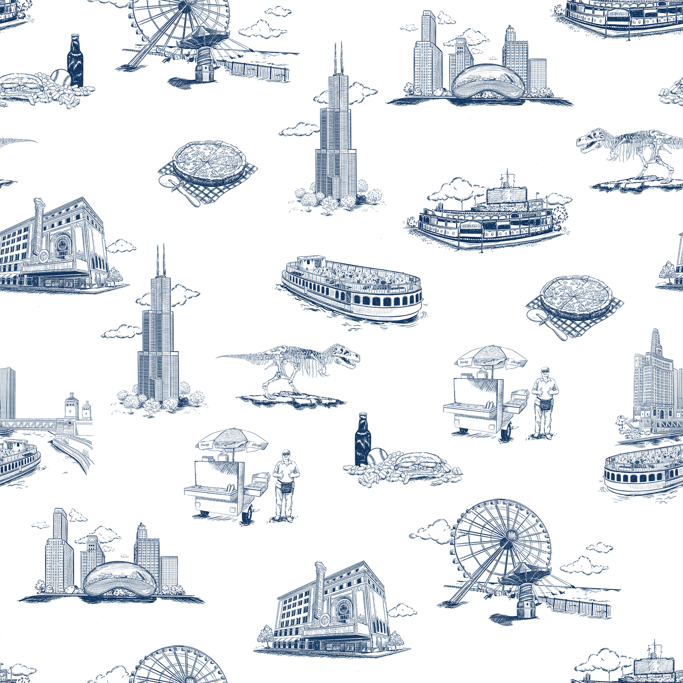 Chicago Toile Traditional Wallpaper Wallpaper Navy / Double Roll Katie Kime