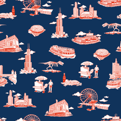Chicago Toile Traditional Wallpaper Wallpaper Navy Red / Double Roll Katie Kime