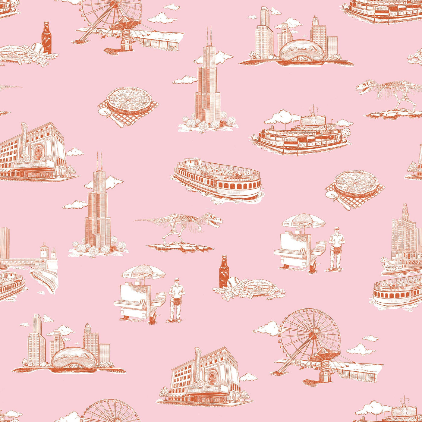 Chicago Toile Traditional Wallpaper Wallpaper Pink Orange / Double Roll Katie Kime