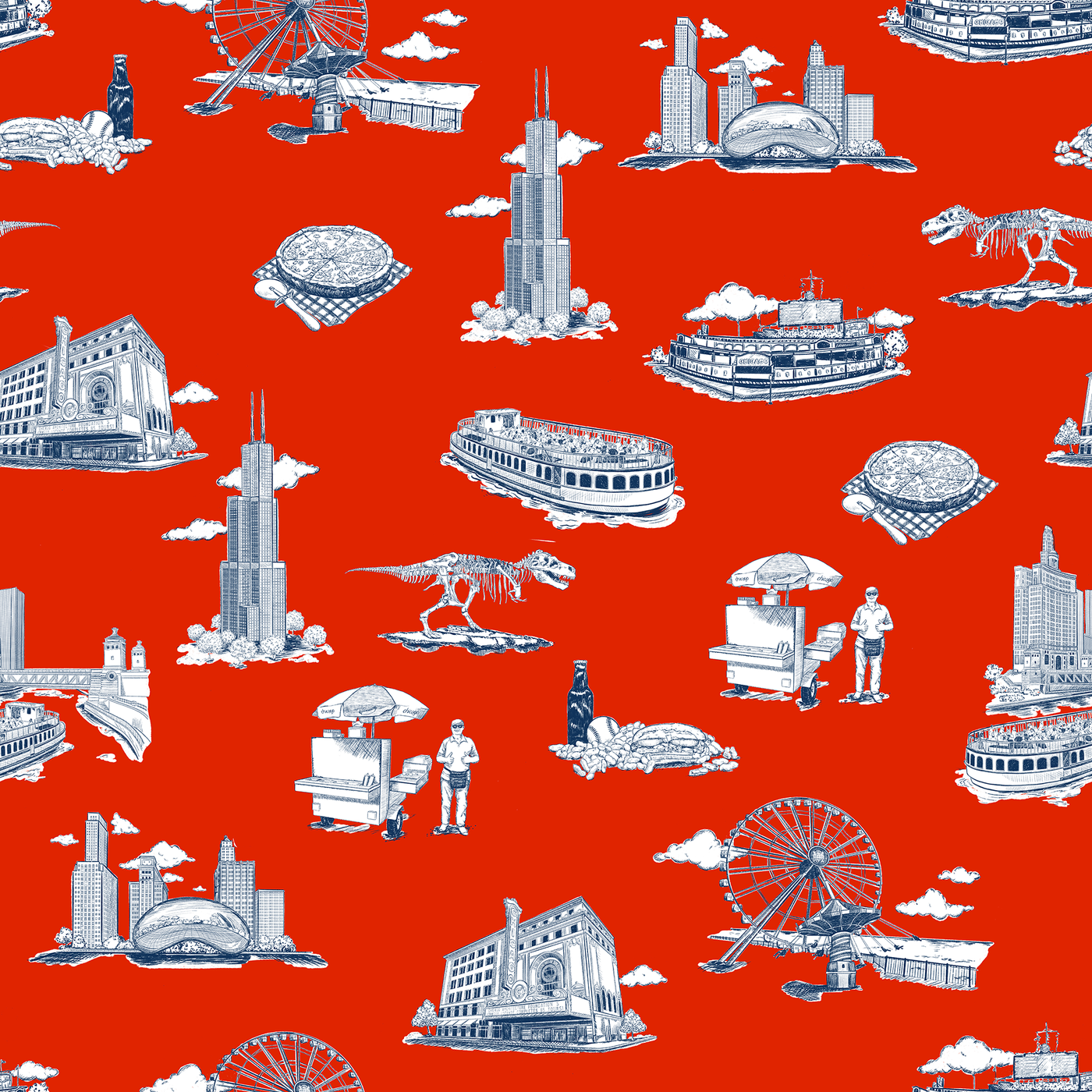Chicago Toile Traditional Wallpaper Wallpaper Red Navy / Double Roll Katie Kime
