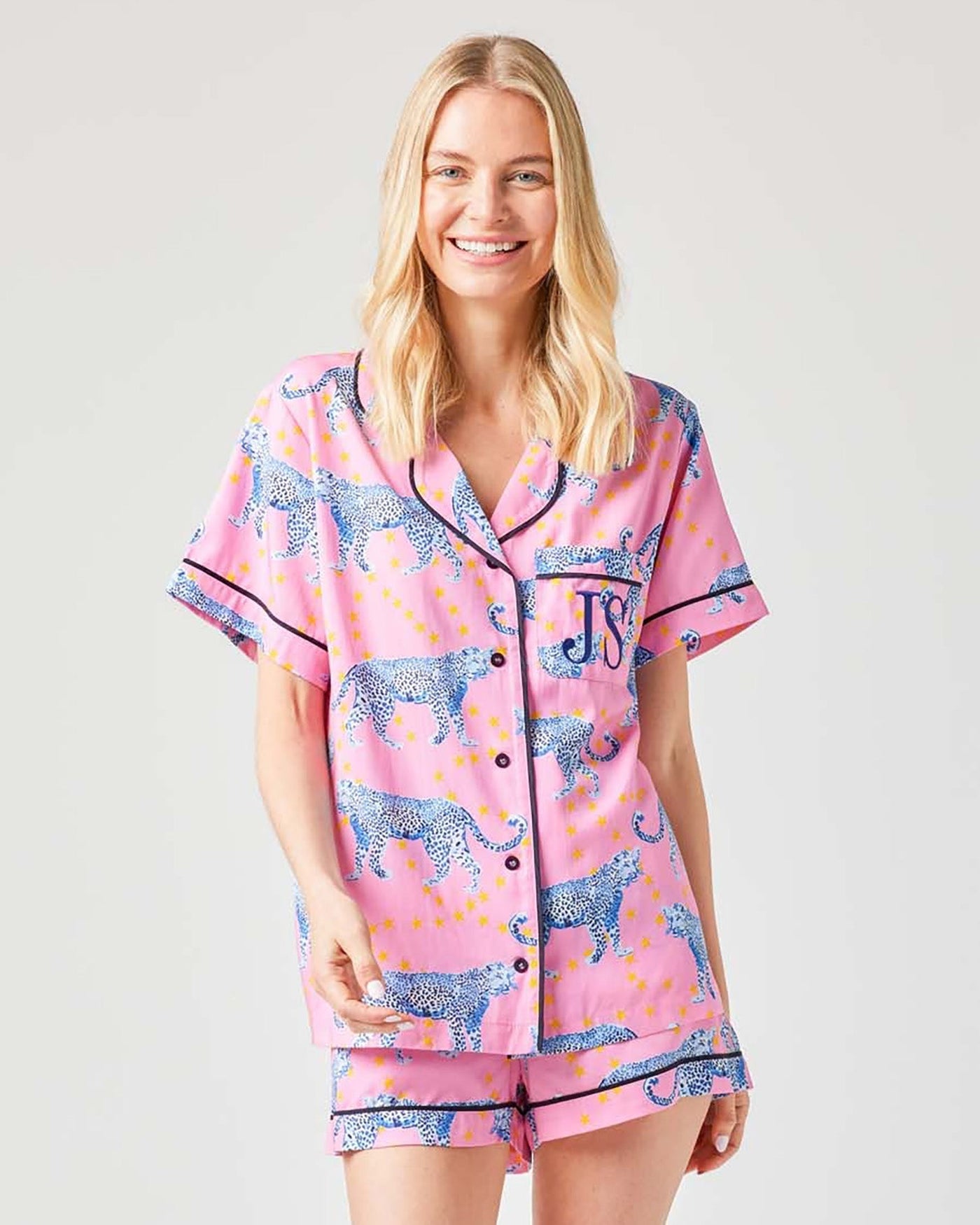 Cosmic Cheetah Pajama Shorts Set Pajama Set Pink / XXS Katie Kime