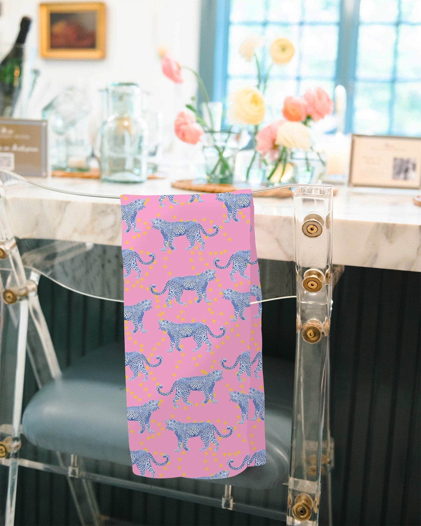 Cosmic Cheetah Tea Towel Set Tea Towel Pink Light Blue Katie Kime