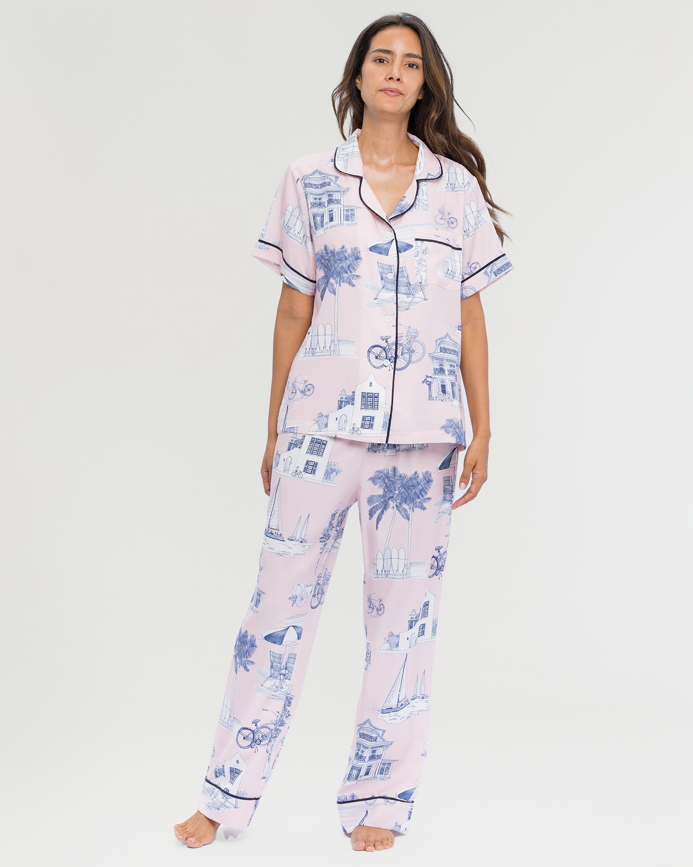 Florida Toile Pajama Pants Set Pajama Set Pink Navy / XS Katie Kime