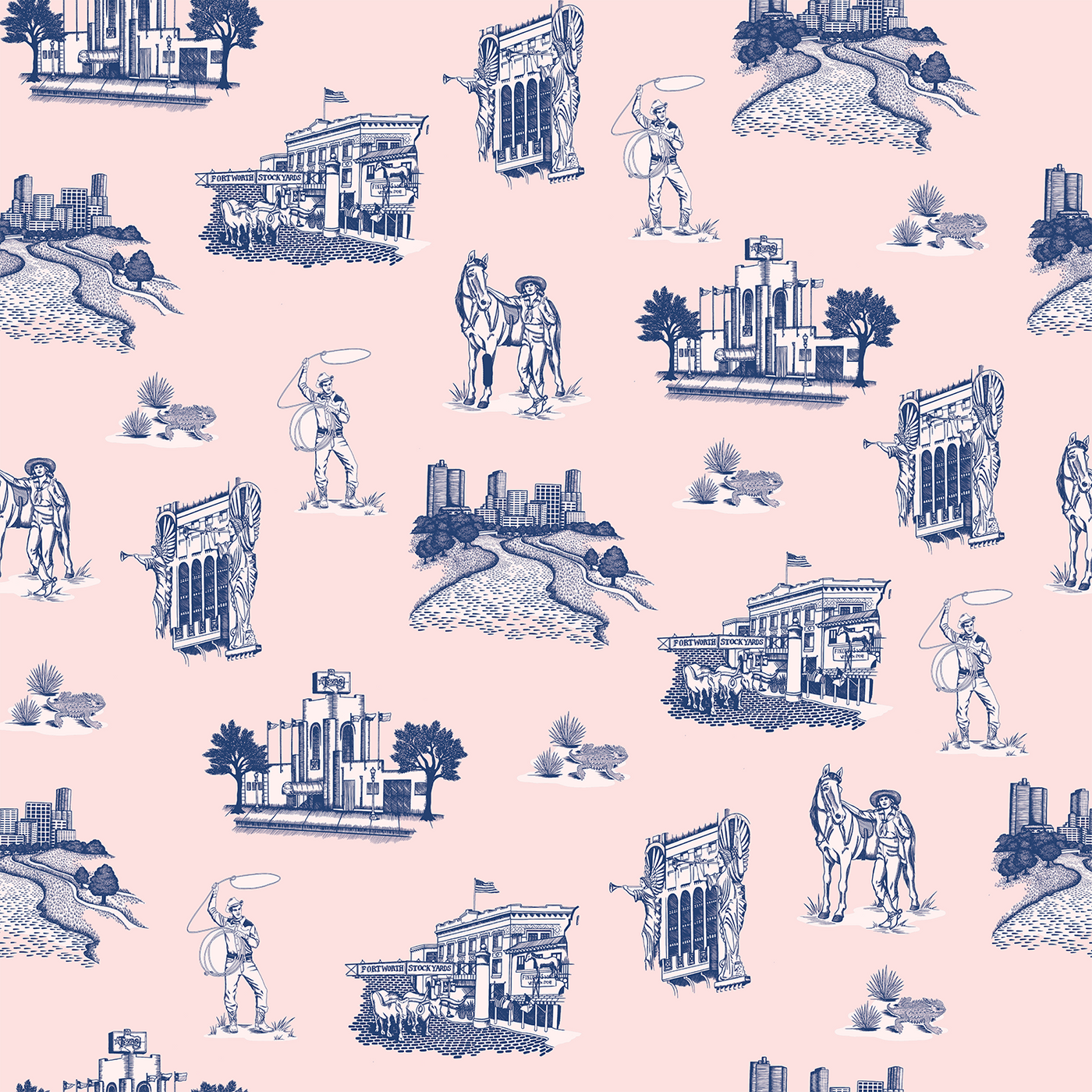 Fort Worth Toile Traditional Wallpaper Wallpaper Light Pink Navy / Sample Katie Kime