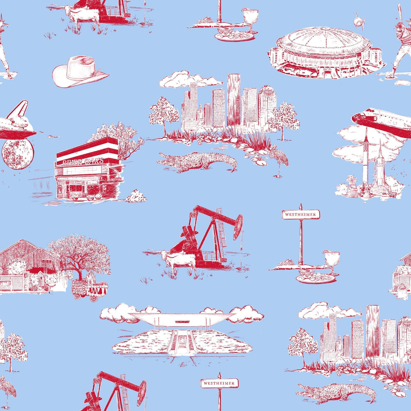 Houston Toile Traditional Wallpaper Wallpaper Blue Red / Double Roll Katie Kime