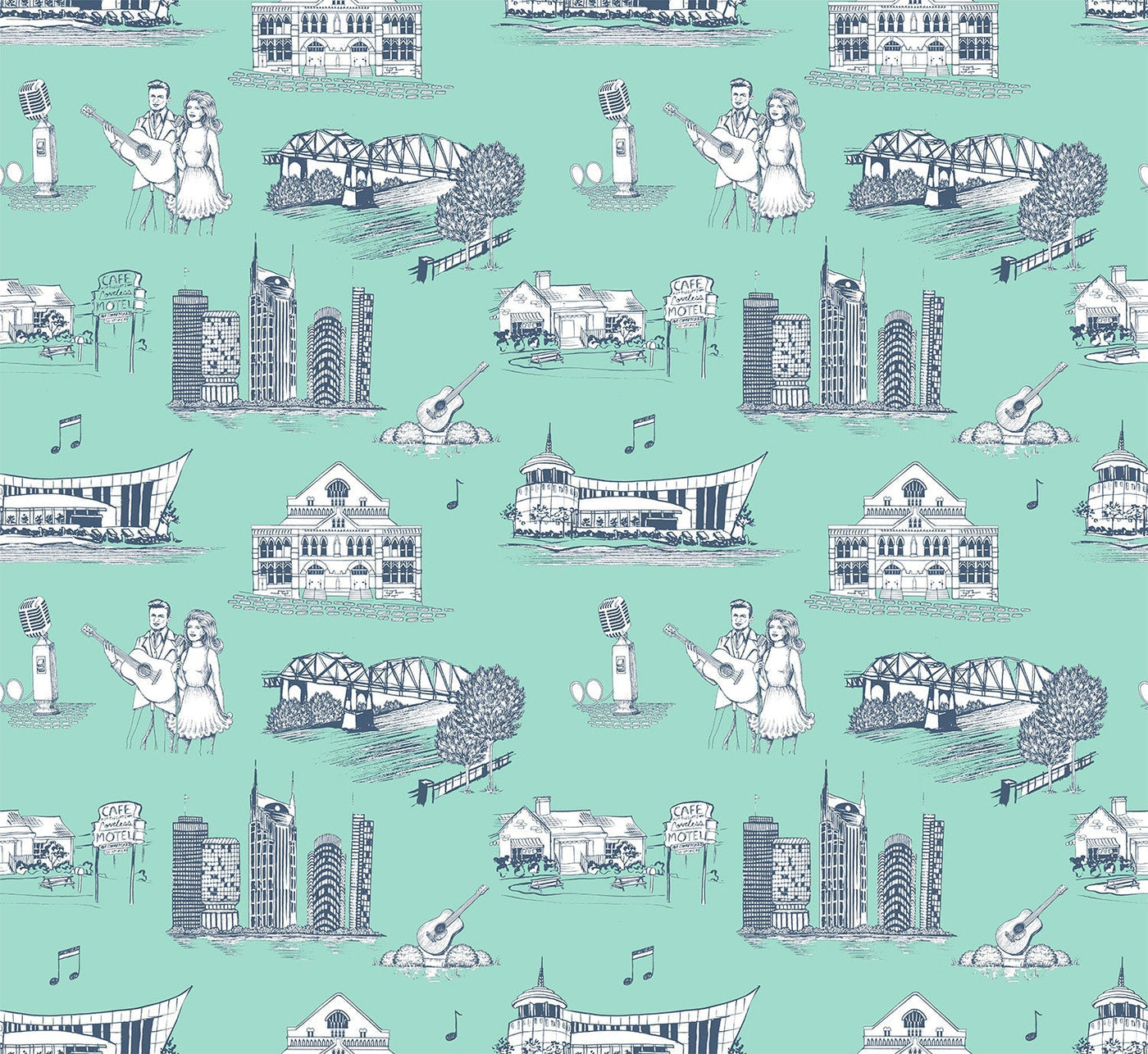 Nashville Toile Traditional Wallpaper Wallpaper Mint Navy / Double Roll Katie Kime
