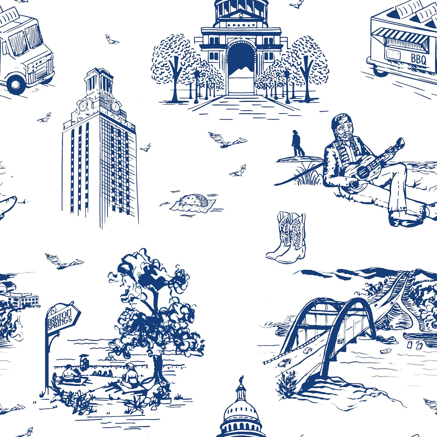 Austin Toile Traditional Wallpaper Wallpaper Navy / Double Roll Katie Kime