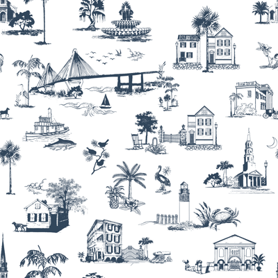 Charleston Toile Traditional Wallpaper Wallpaper Navy / Double Roll Katie Kime