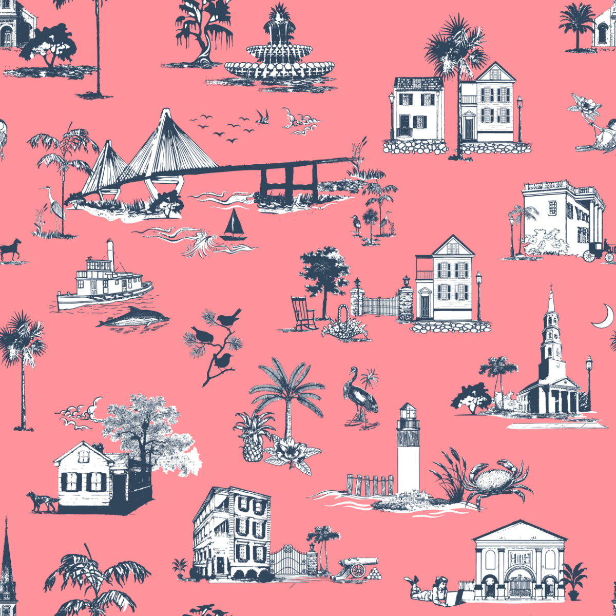 Charleston Toile Traditional Wallpaper Wallpaper Coral / Double Roll Katie Kime