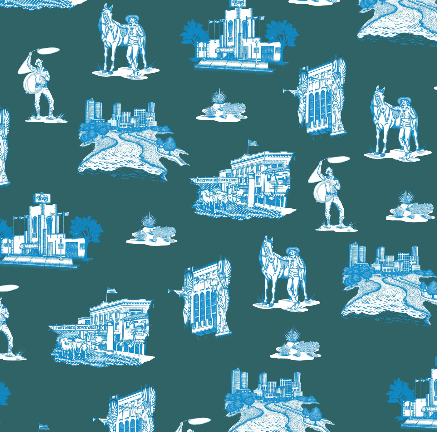 Fort Worth Toile Traditional Wallpaper Wallpaper Pine Blue / Double Roll Katie Kime