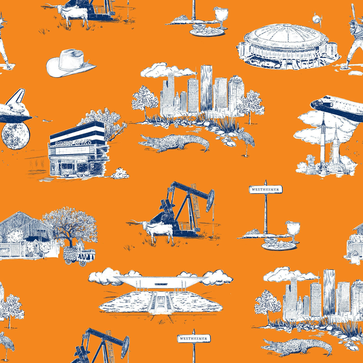 Houston Toile Traditional Wallpaper Wallpaper Orange Navy / Double Roll Katie Kime