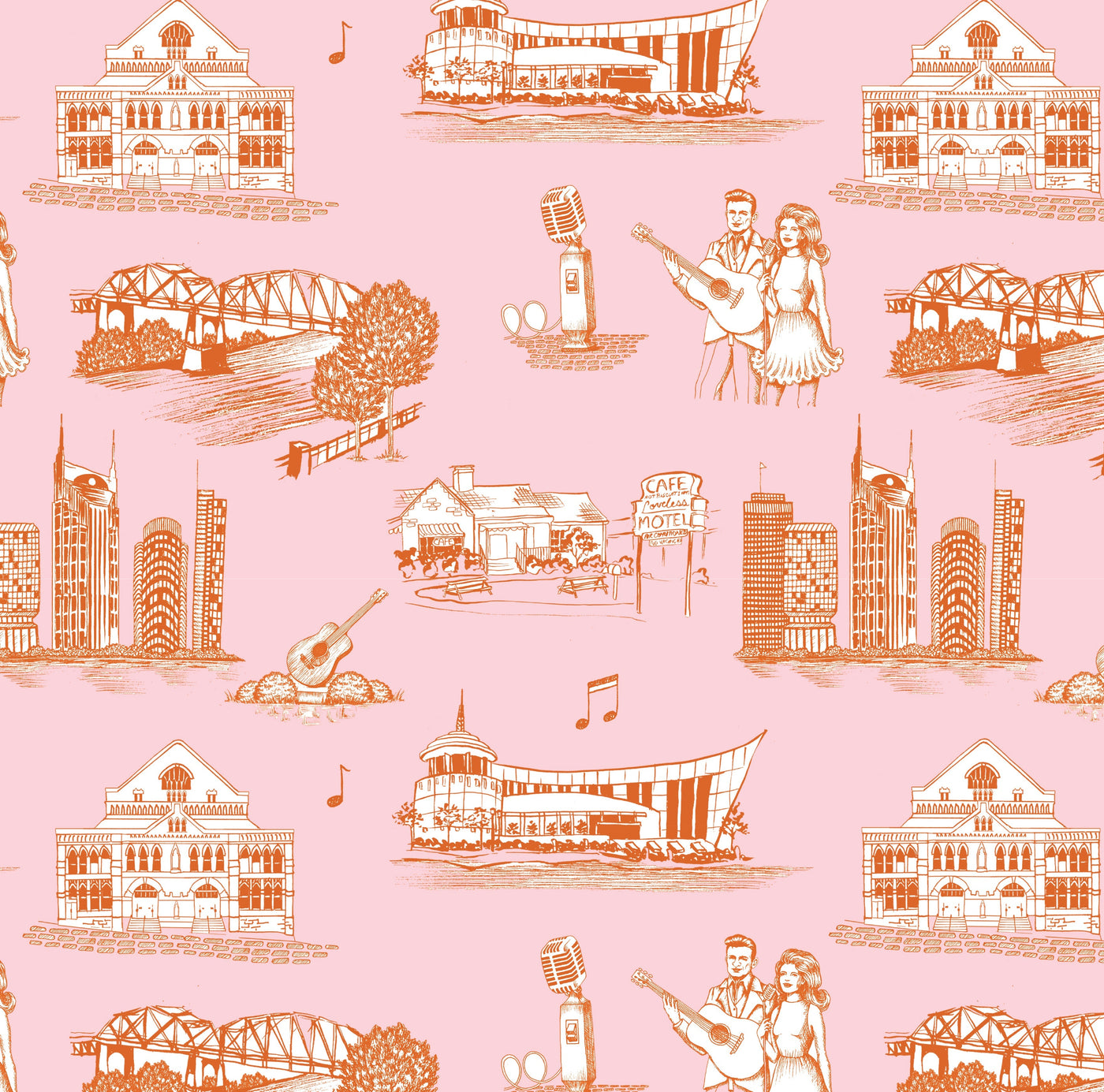 Nashville Toile Traditional Wallpaper Wallpaper Orange Pink / Double Roll Katie Kime