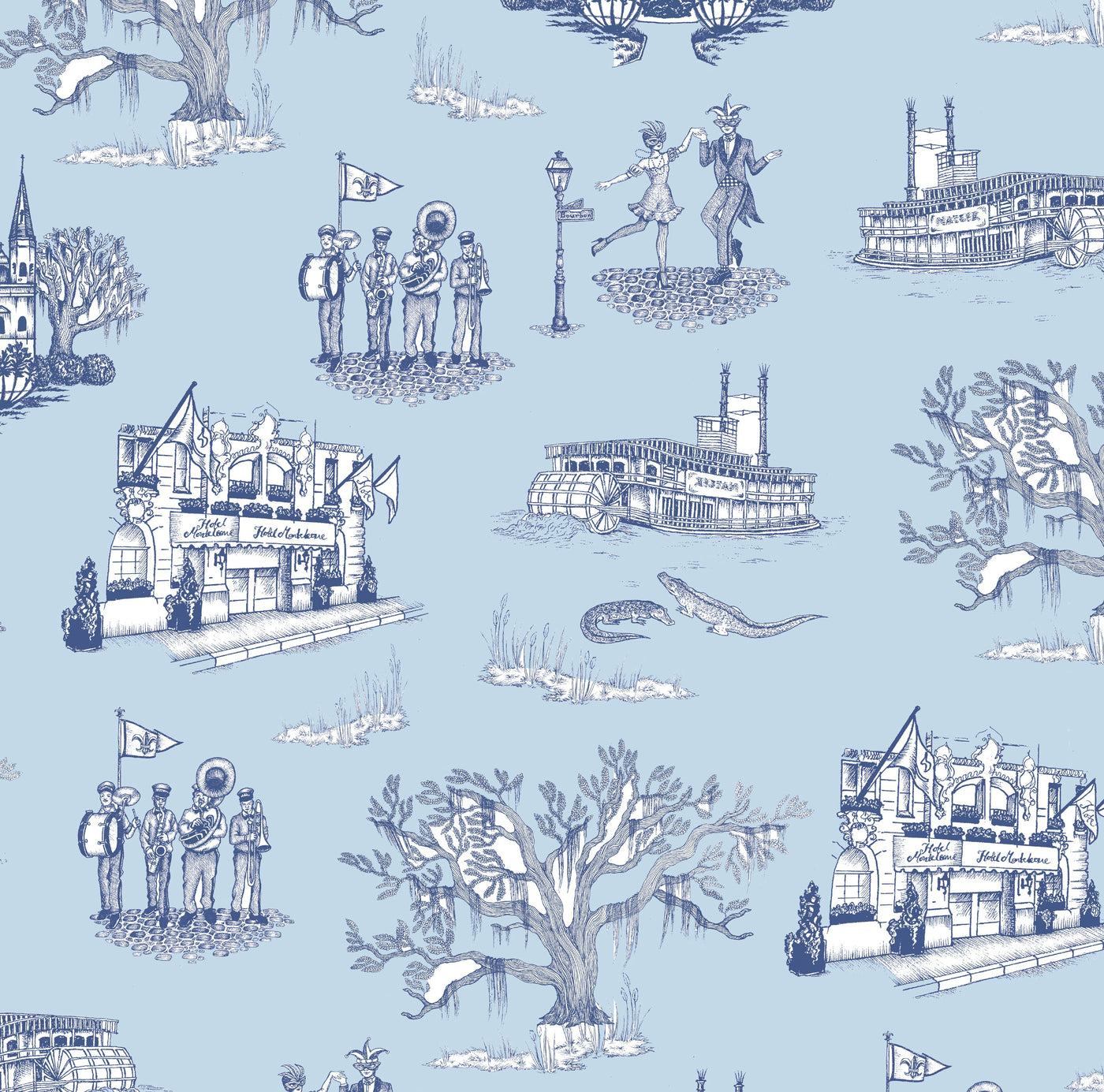 New Orleans Toile Traditional Wallpaper Wallpaper Blue Navy / Double Roll Katie Kime