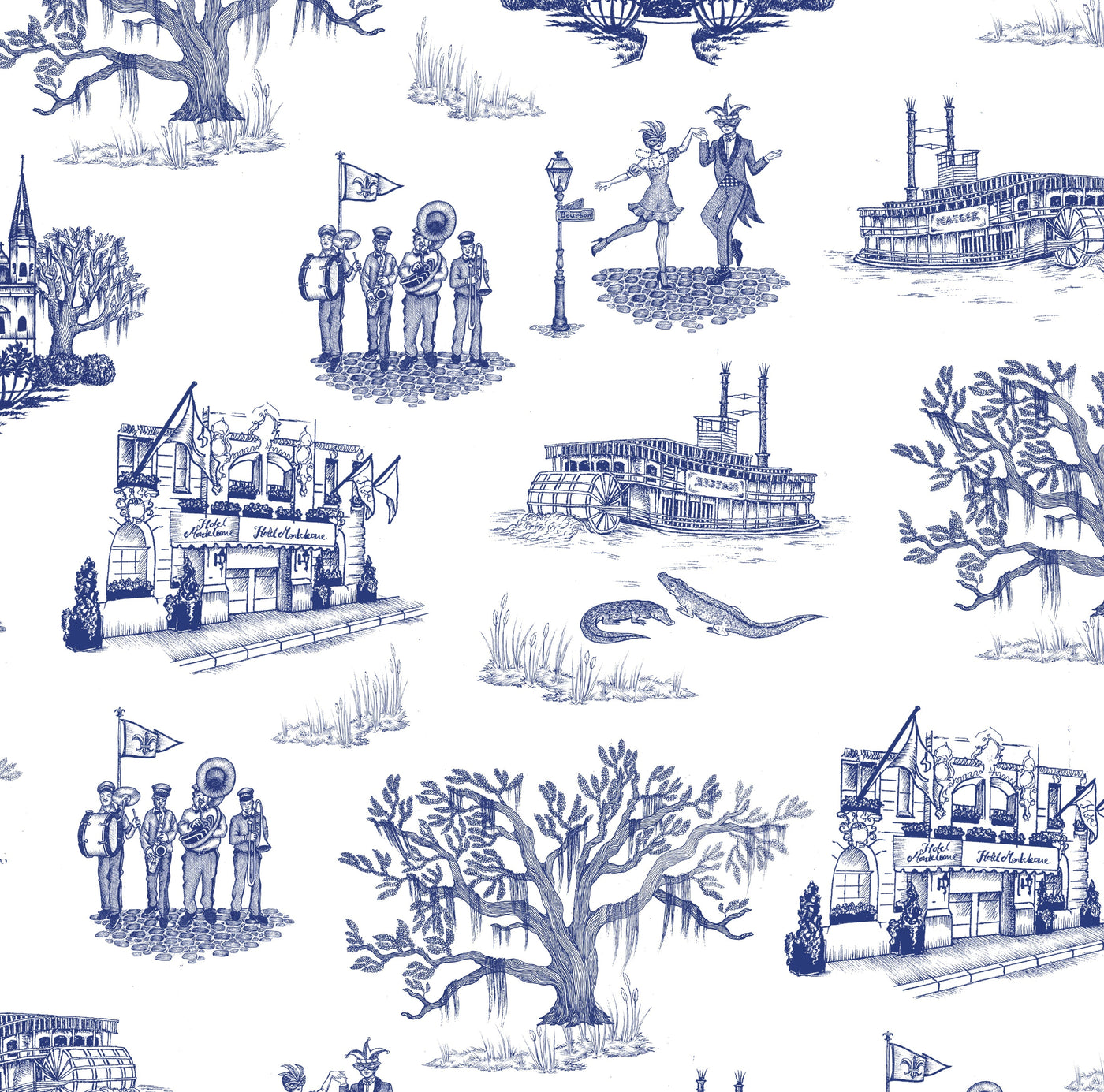 New Orleans Toile Traditional Wallpaper Wallpaper Navy / Double Roll Katie Kime