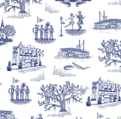 New Orleans Toile Traditional Wallpaper Wallpaper Navy / Double Roll Katie Kime