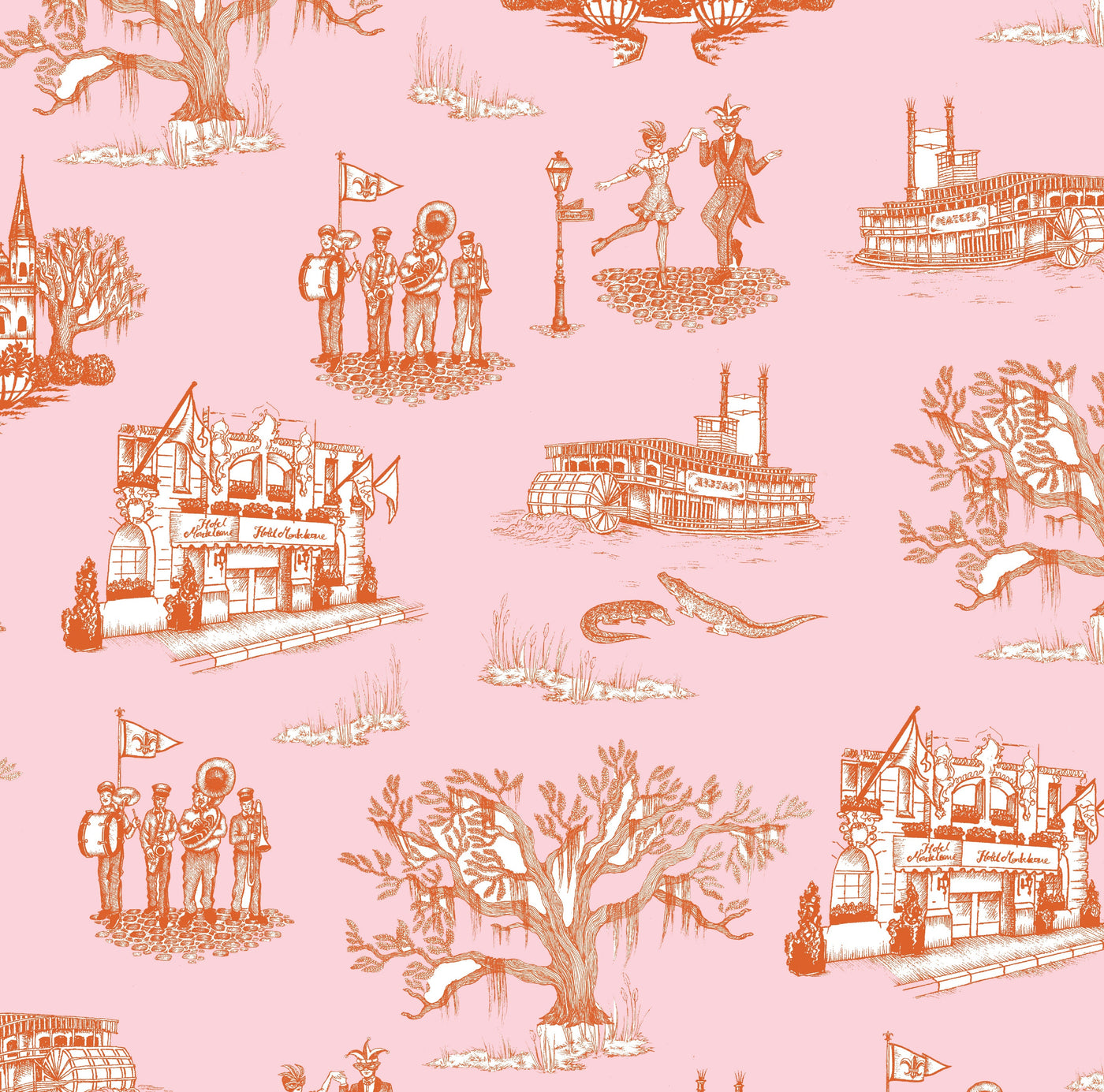 New Orleans Toile Traditional Wallpaper Wallpaper Orange Pink / Double Roll Katie Kime