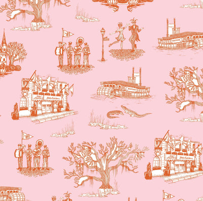 New Orleans Toile Traditional Wallpaper Wallpaper Orange Pink / Double Roll Katie Kime