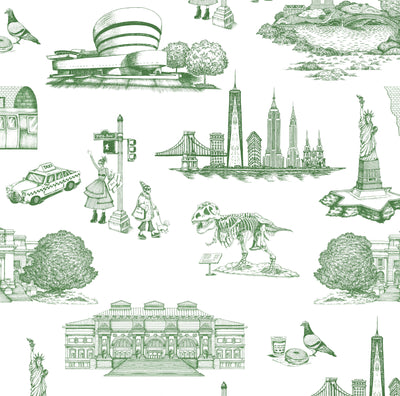 New York Toile Traditional Wallpaper Wallpaper Green / Double Roll Katie Kime