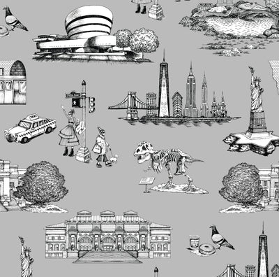 New York Toile Traditional Wallpaper Wallpaper Grey / Double Roll Katie Kime