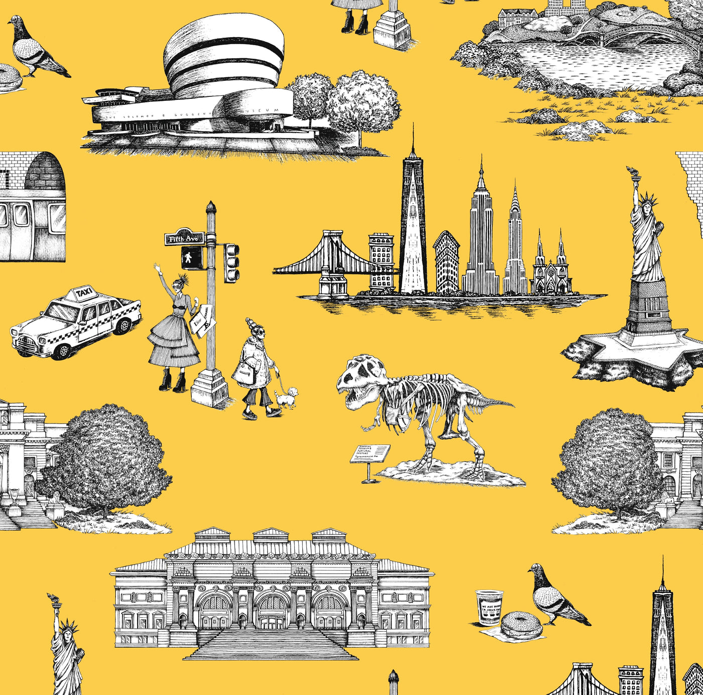 New York Toile Traditional Wallpaper Wallpaper Yellow / Double Roll Katie Kime