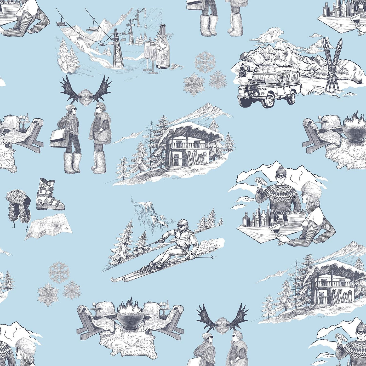 Après Ski Toile Peel & Stick Wallpaper Peel & Stick Wallpaper Light Blue Navy / 24" x 144" Katie Kime