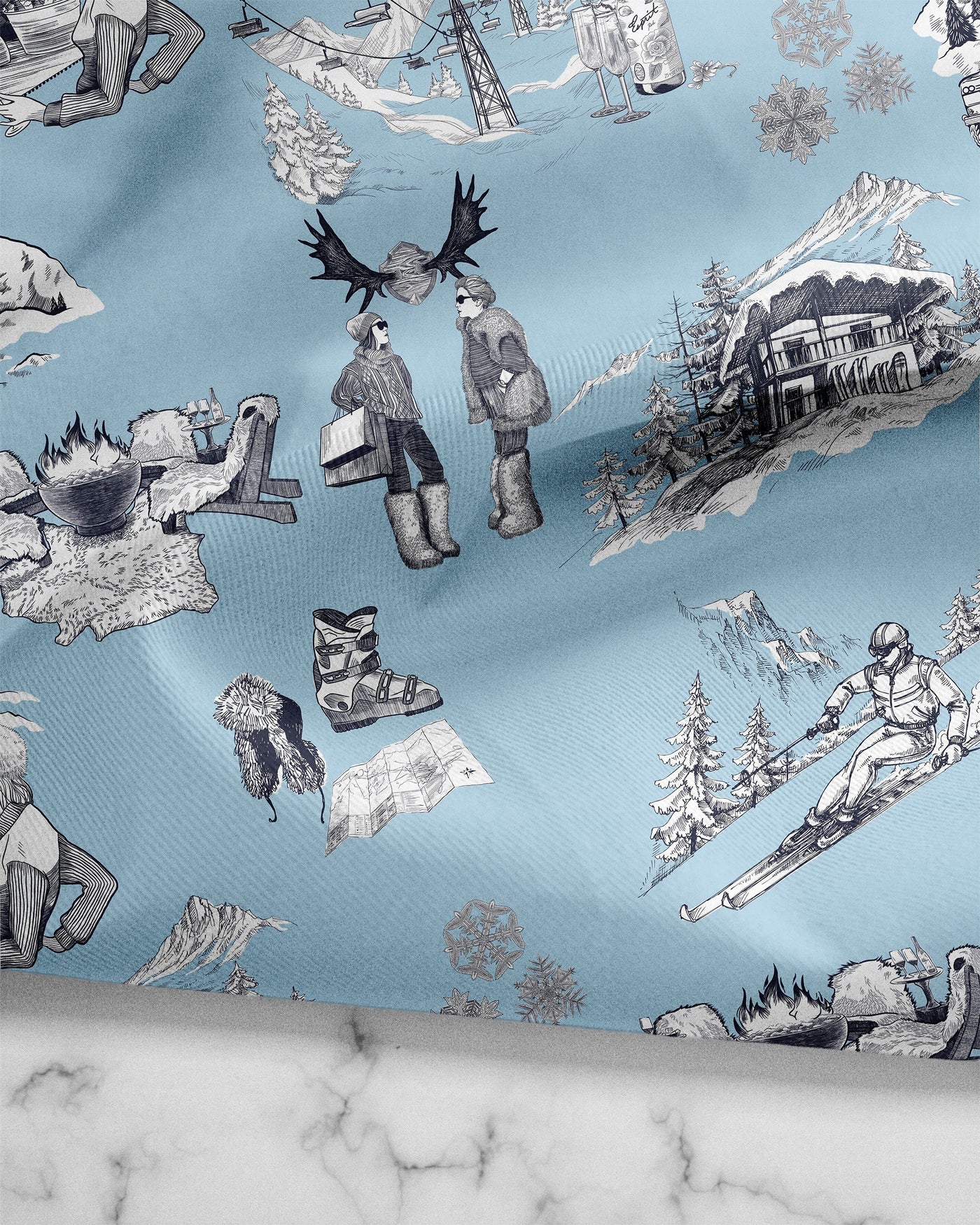 Aprés Ski Toile Tea Towel Set Tea Towel Cranberry Light Blue Katie Kime