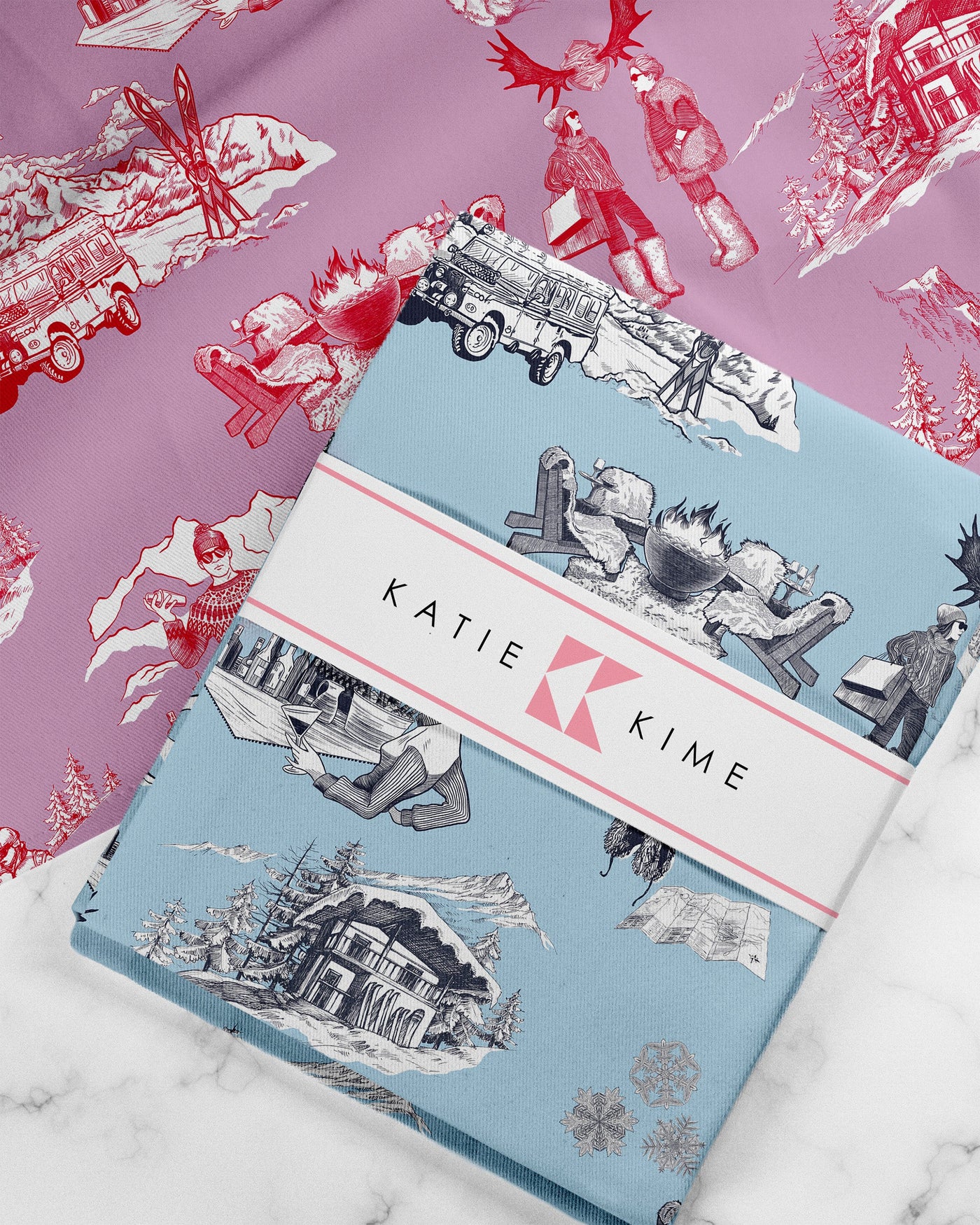 Aprés Ski Toile Tea Towel Set Tea Towel Cranberry Light Blue Katie Kime