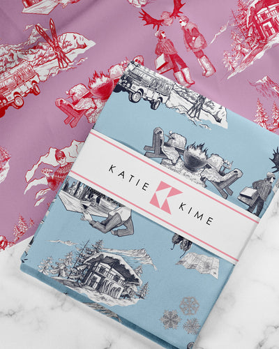 Aprés Ski Toile Tea Towel Set Tea Towel Cranberry Light Blue Katie Kime