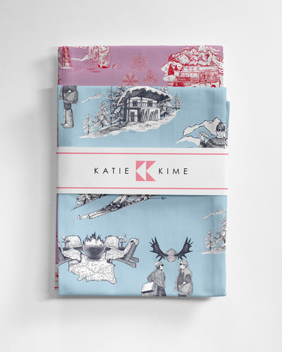 Aprés Ski Toile Tea Towel Set Tea Towel Cranberry Light Blue Katie Kime