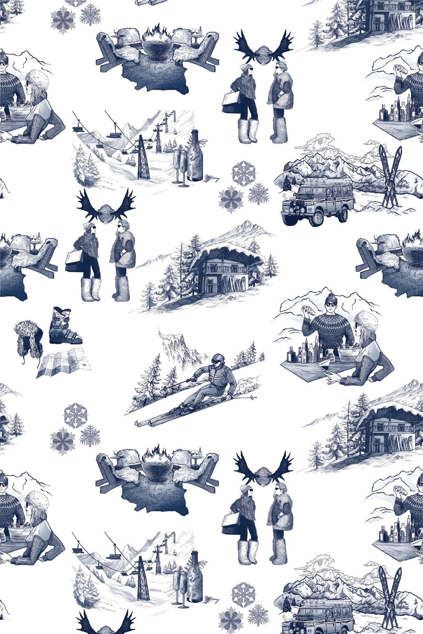 Après Ski Toile Traditional Wallpaper Wallpaper Blue Pink / Single Roll Katie Kime