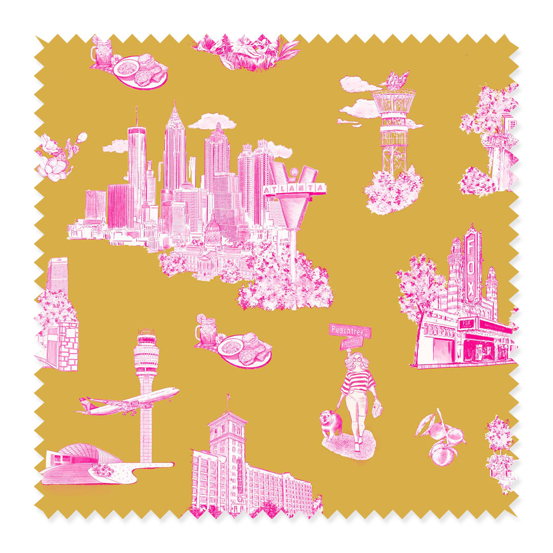 Fabric Cotton / Sample / Gold Pink Atlanta Toile Fabric Katie Kime