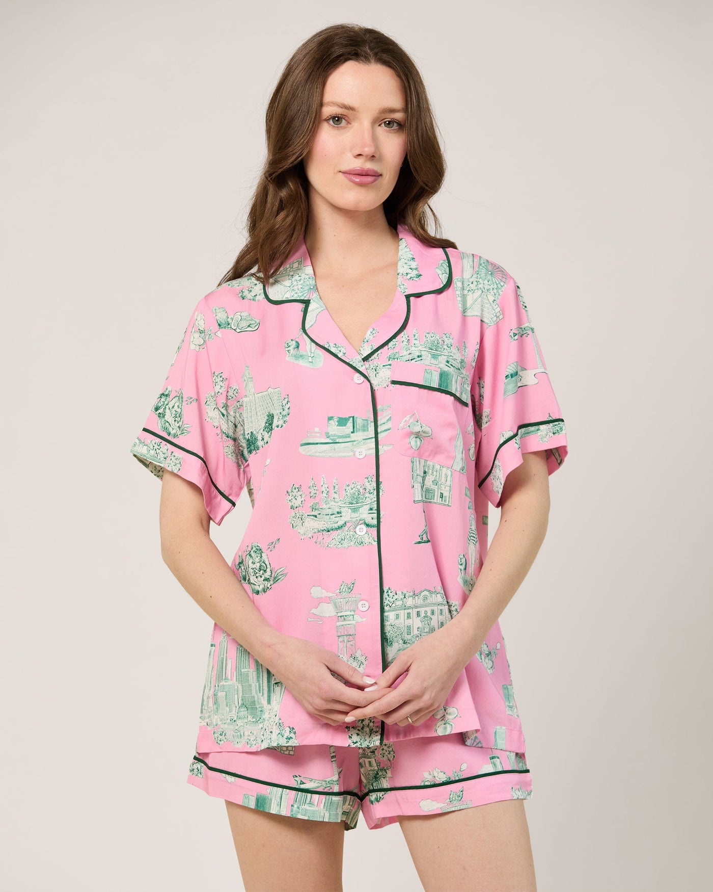 Atlanta Toile Pajama Shorts Set Pajama Set Pink Green / XS Katie Kime