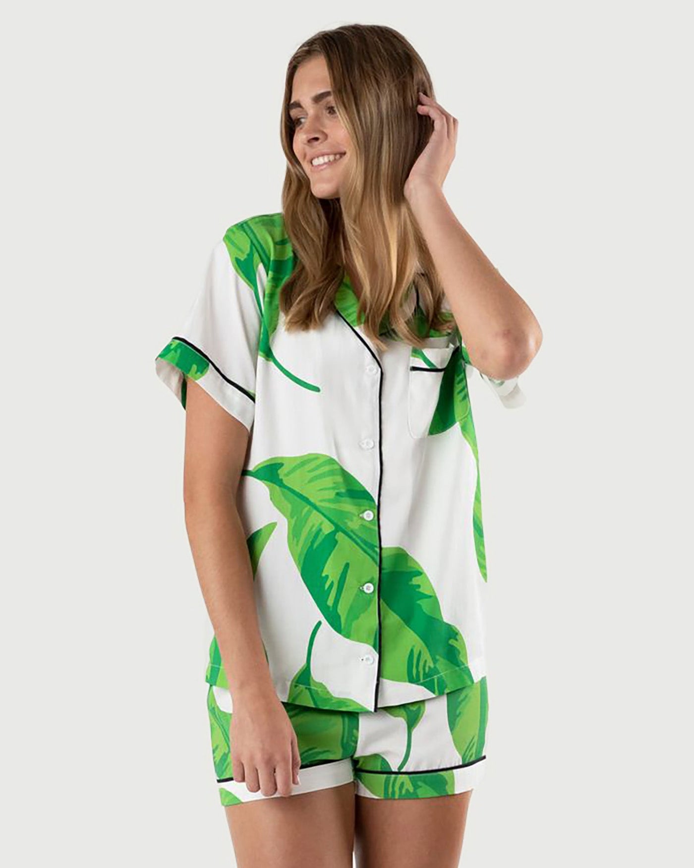 Pajama Set Green / XS Banana Leaves Pajama Shorts Set Katie Kime