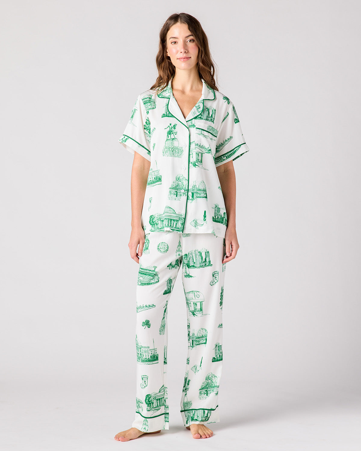 Boston Toile Pajama Pants Set Pajama Set Green / XS Katie Kime