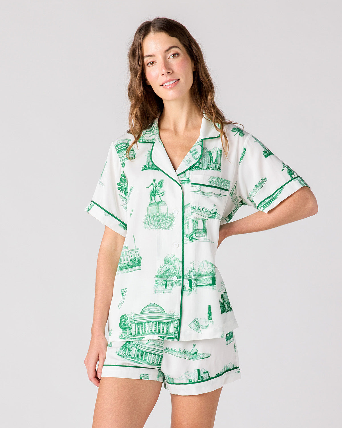 Boston Toile Pajama Shorts Set Pajama Set Green / XS Katie Kime