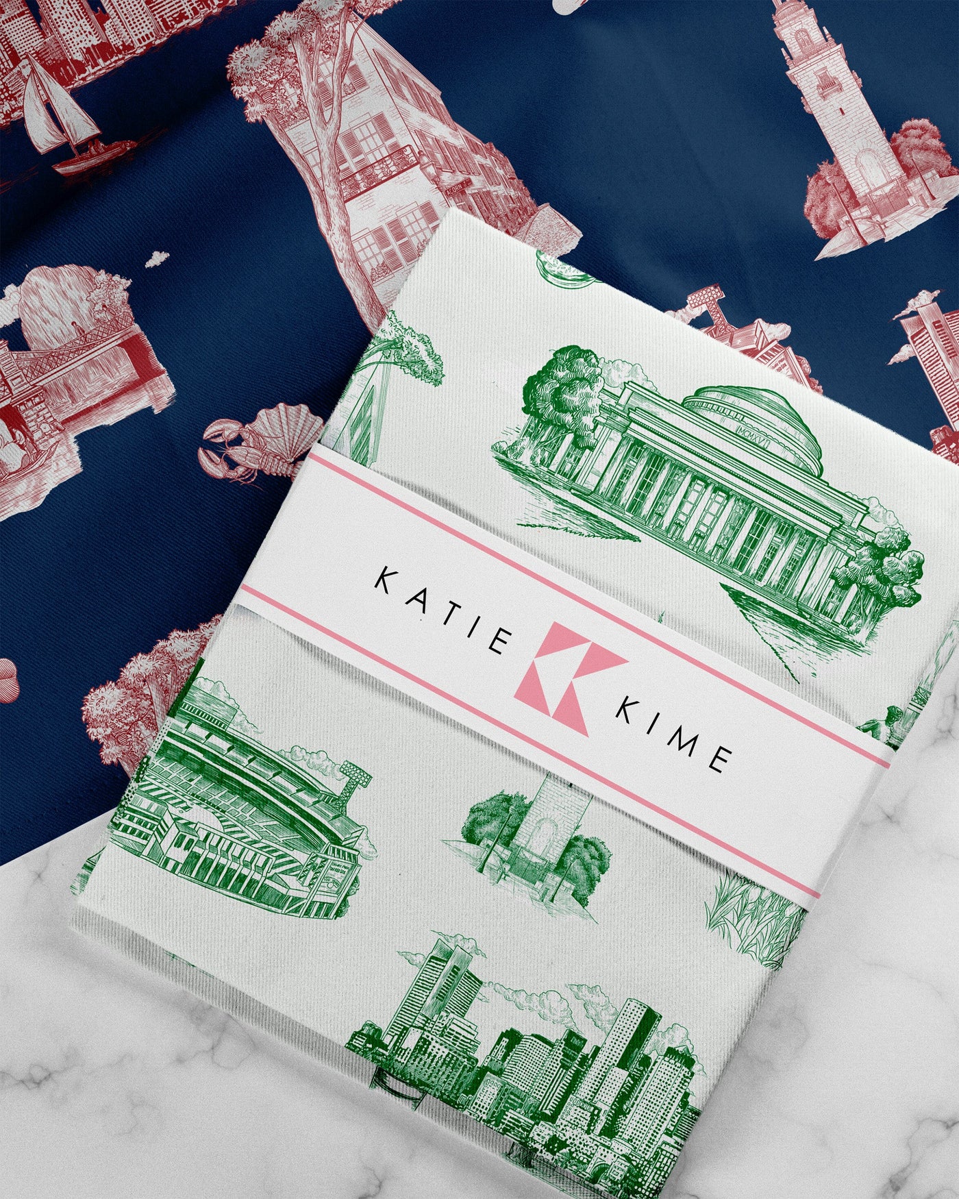 Boston Toile Tea Towel Set Tea Towel Green Navy Katie Kime