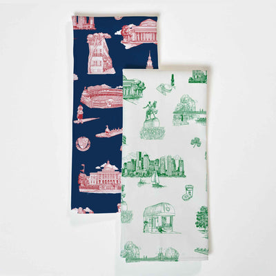 Boston Toile Tea Towel Set Tea Towel Green Navy Katie Kime