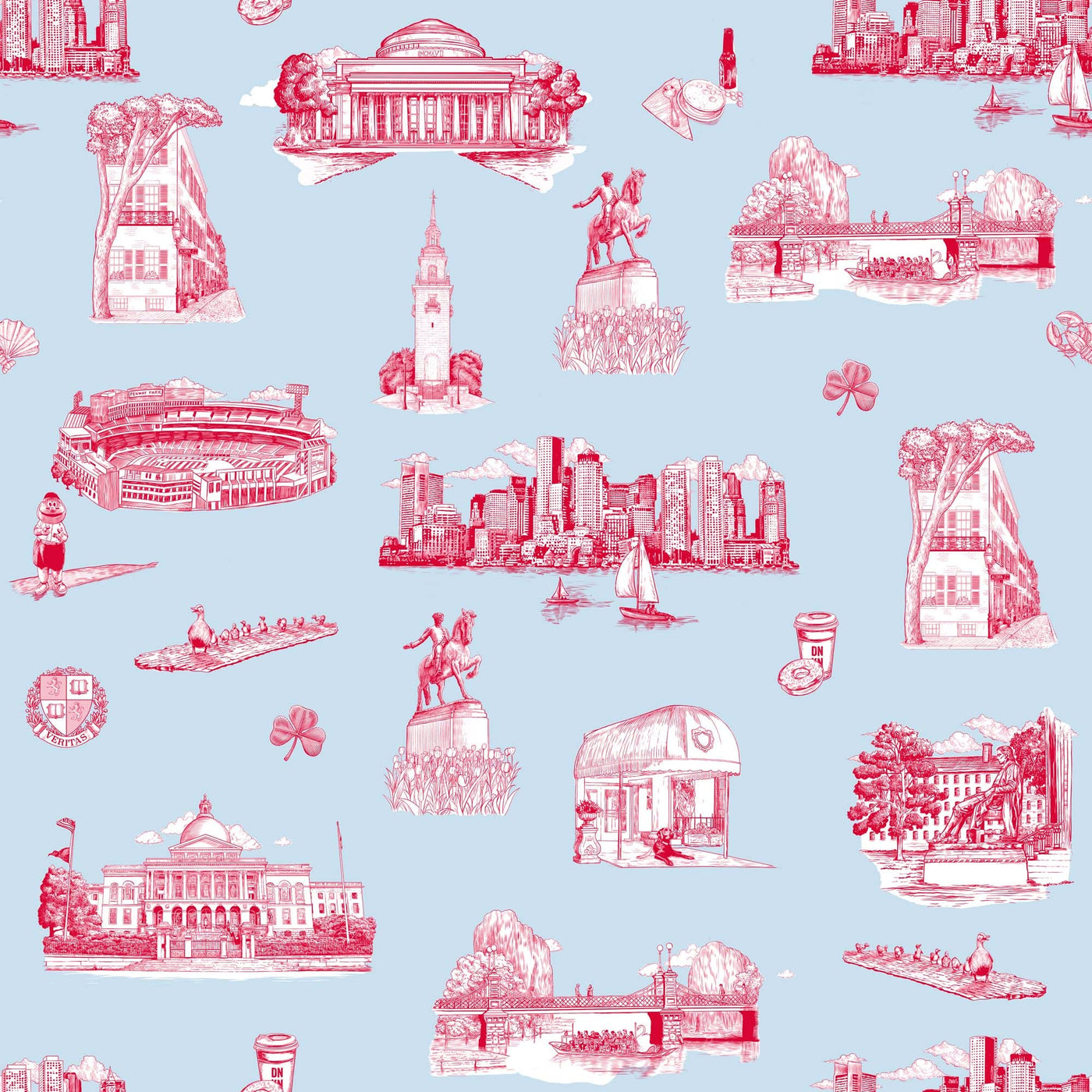 Boston Toile Traditional Wallpaper Wallpaper Light Blue Pink / Double Roll Katie Kime