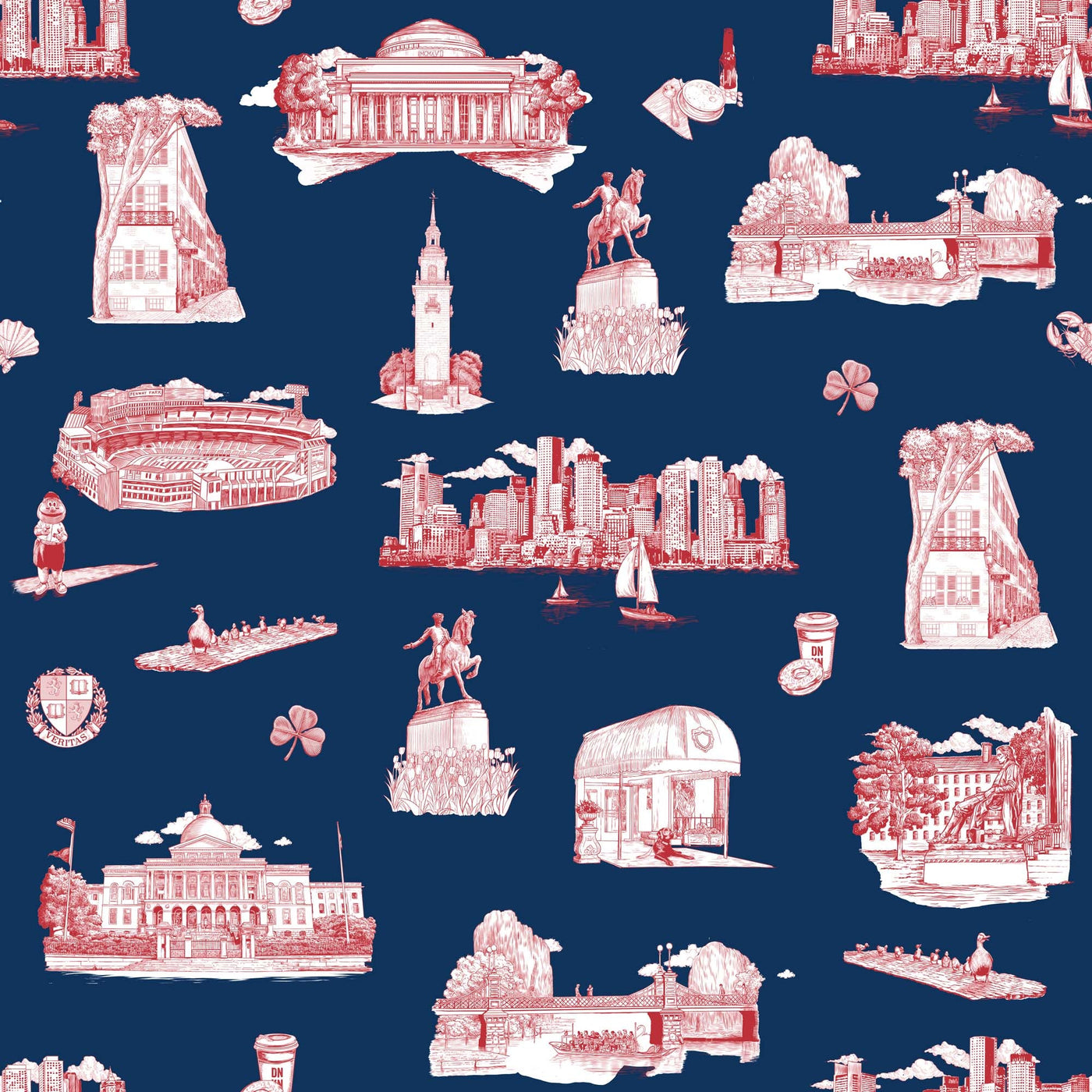 Boston Toile Traditional Wallpaper Wallpaper Navy Red / Double Roll Katie Kime