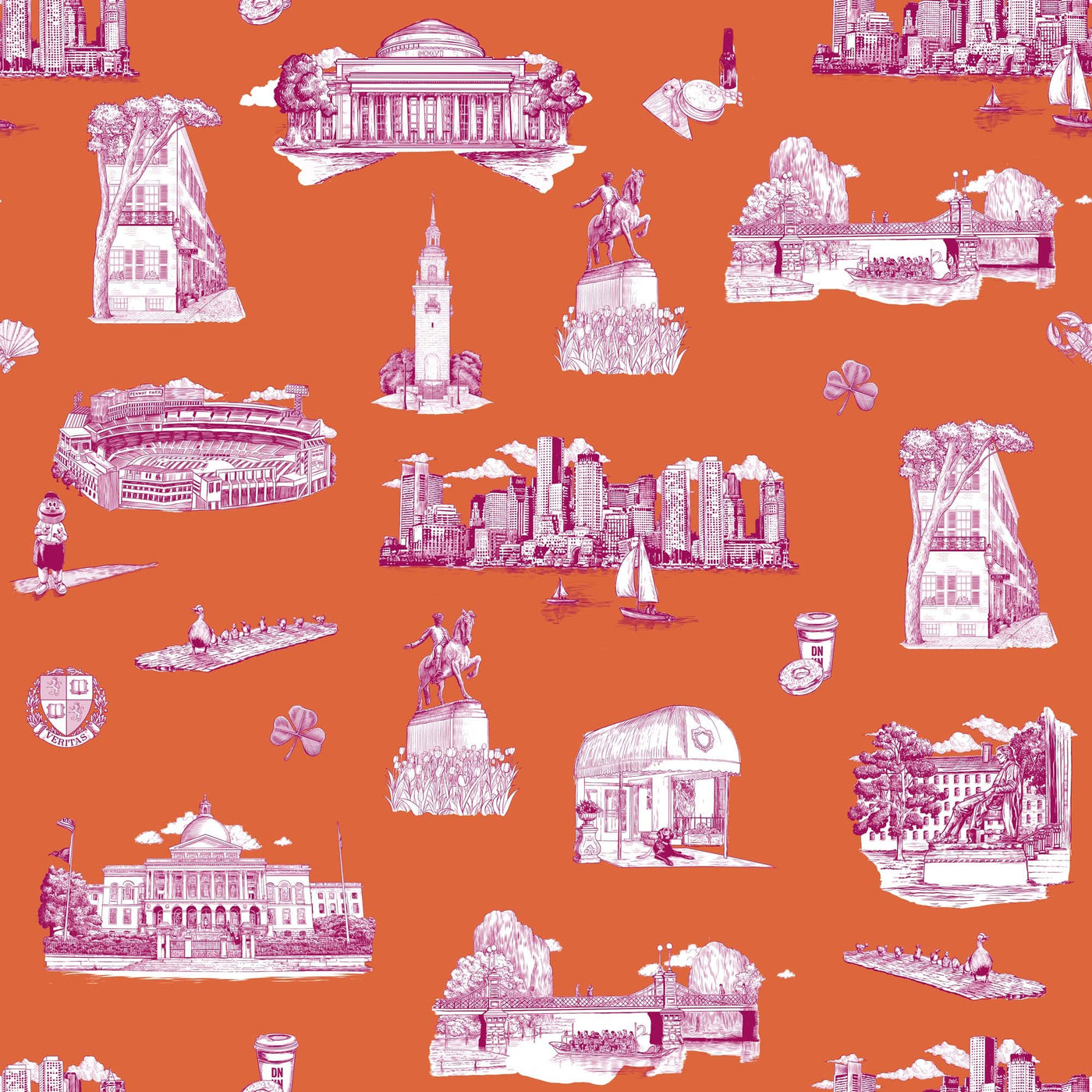 Boston Toile Traditional Wallpaper Wallpaper Orange Magenta / Double Roll Katie Kime