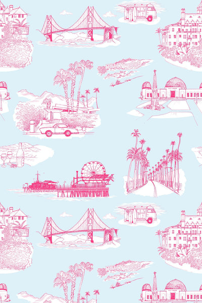 California Toile Peel & Stick Wallpaper Peel & Stick Wallpaper Light Blue Pink / 24" x 144" Katie Kime